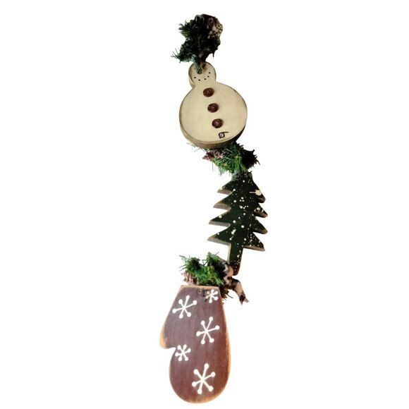 Wooden Snowman Tree Mitten Garland 24 in Rustic Handcrafted Holiday - Picture 1 of 10